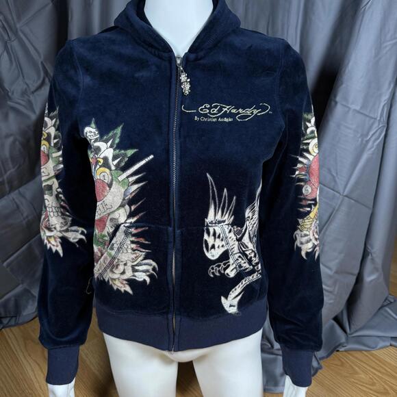 Ed Hardy Tops - Ed Hardy Women's Black Velvour Zip-Up Hoodie with Tattoo Embroidery